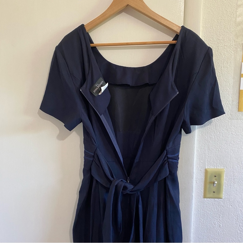 John Roberts Women's Vintage Dress Size 14 Navy Blue Embroidered-detail Waist - Picture 6 of 9